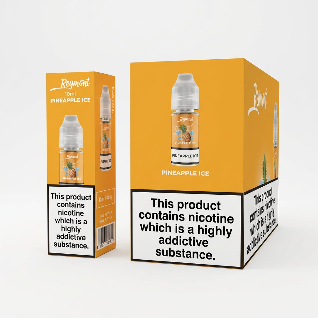 A boxed e-liquid product shown on a plain white background, with two orange retail boxes visible. The front box features a bottle illustration labeled 'Raspberry Ice' and 'PINEAPPLE ICE,' plus a large black health warning panel.