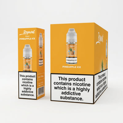 A boxed e-liquid product shown on a plain white background, with two orange retail boxes visible. The front box features a bottle illustration labeled 'Raspberry Ice' and 'PINEAPPLE ICE,' plus a large black health warning panel.