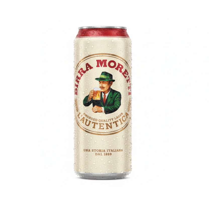 A single can of Birra Moretti L'autentica Italiana non-alcoholic lager, featuring a cream-colored can with condensation droplets, a red metallic rim, and the classic vintage-style logo of a man holding a beer mug.