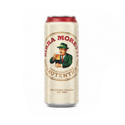 A single can of Birra Moretti L'autentica Italiana non-alcoholic lager, featuring a cream-colored can with condensation droplets, a red metallic rim, and the classic vintage-style logo of a man holding a beer mug.