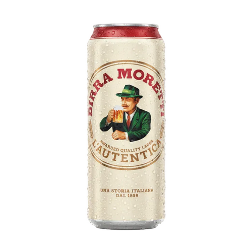 A single can of Birra Moretti L'autentica Italiana non-alcoholic lager, featuring a cream-colored can with condensation droplets, a red metallic rim, and the classic vintage-style logo of a man holding a beer mug.