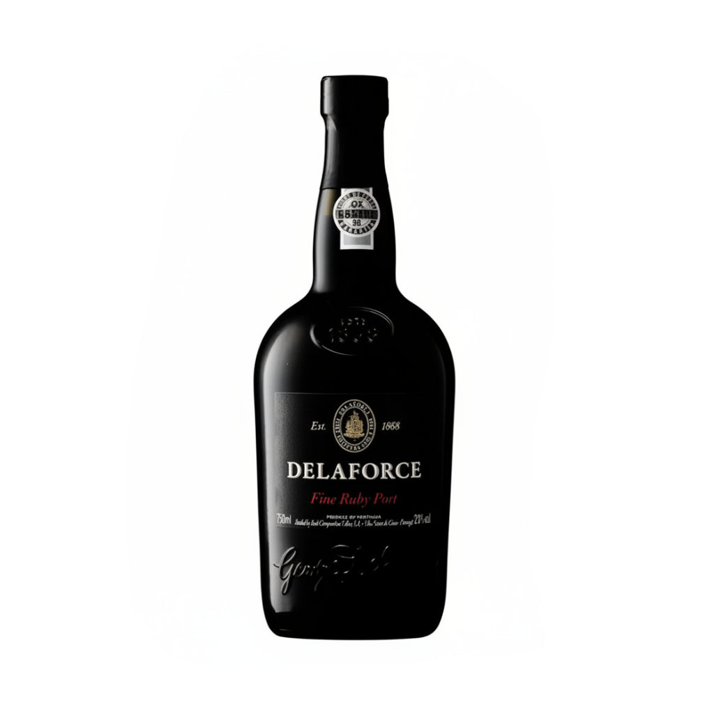 A bottle of Delaforce Fine Ruby Port wine, featuring a dark, glossy black glass bottle with a black label and silver and gold accents, set against a plain white background.