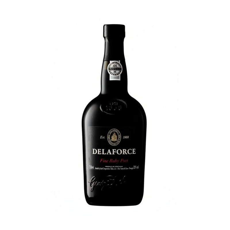 A bottle of Delaforce Fine Ruby Port wine, featuring a dark, glossy black glass bottle with a black label and silver and gold accents, set against a plain white background.
