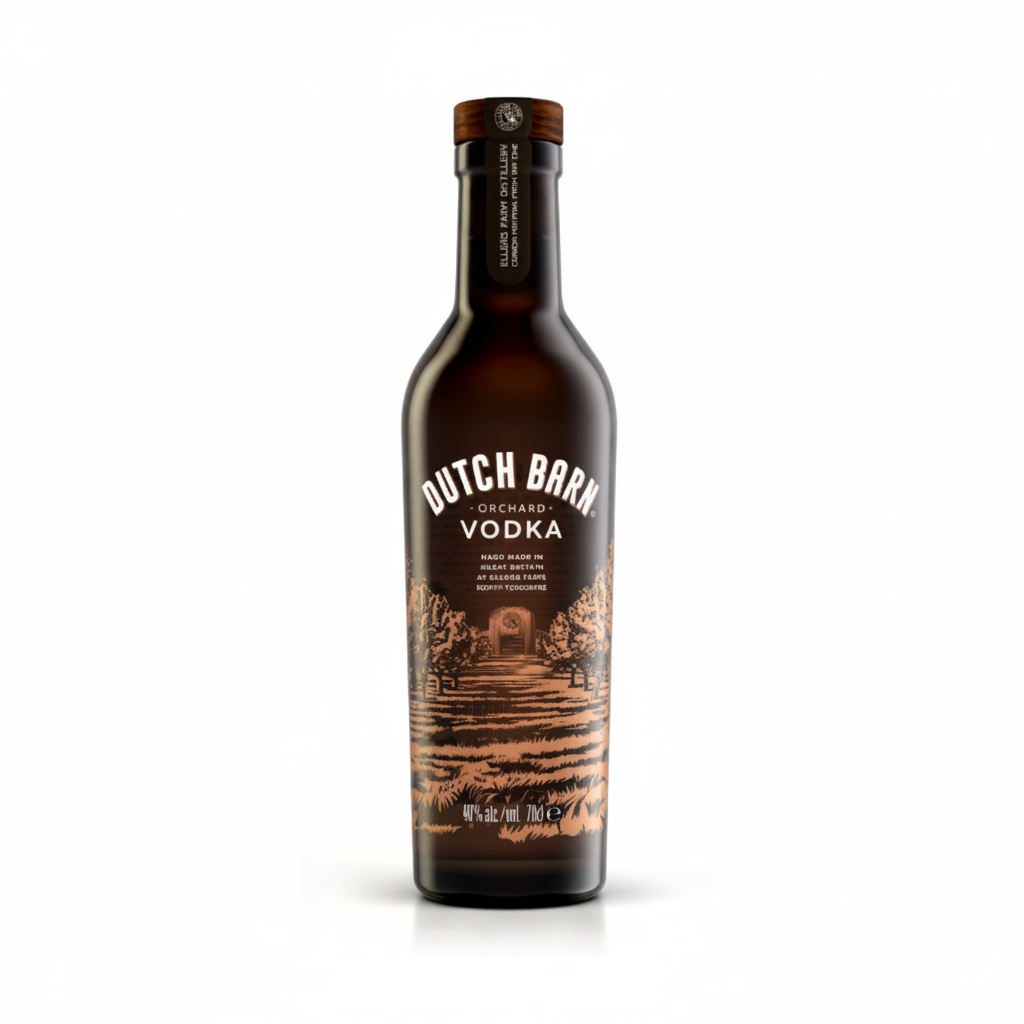A bottle of Dutch Barn Orchard Vodka on a clean white background. The bottle is dark brown glass with a matching dark brown cap and a detailed brown label depicting an orchard scene with the brand name 'DUTCH BARN' in white text.