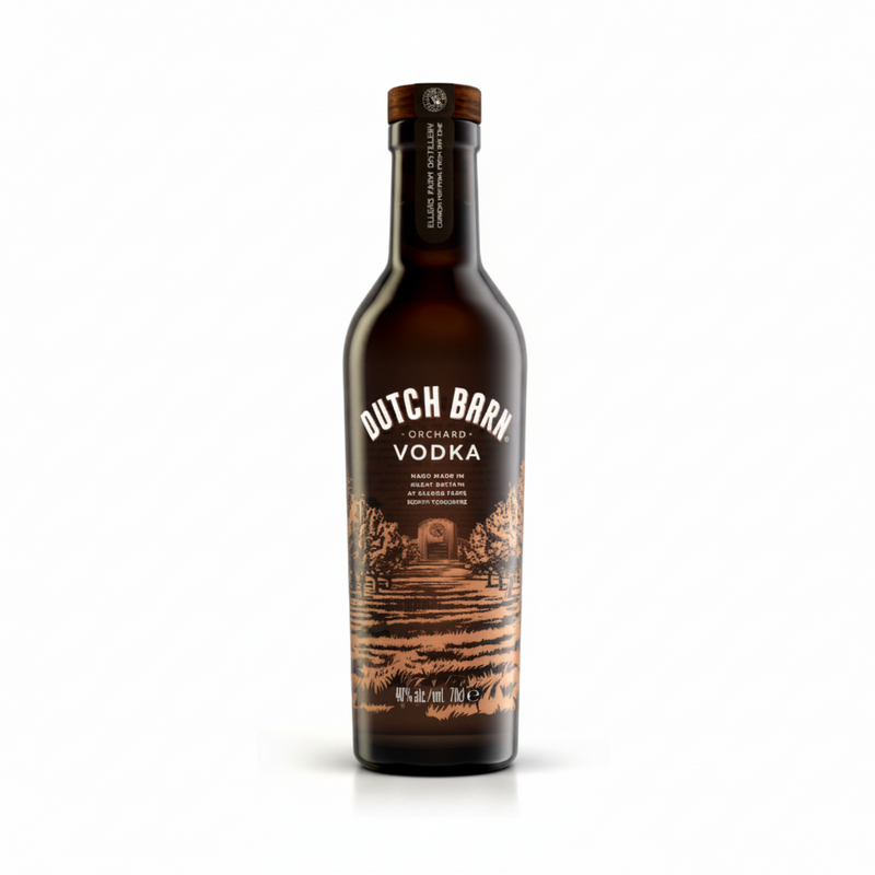 A bottle of Dutch Barn Orchard Vodka on a clean white background. The bottle is dark brown glass with a matching dark brown cap and a detailed brown label depicting an orchard scene with the brand name 'DUTCH BARN' in white text.