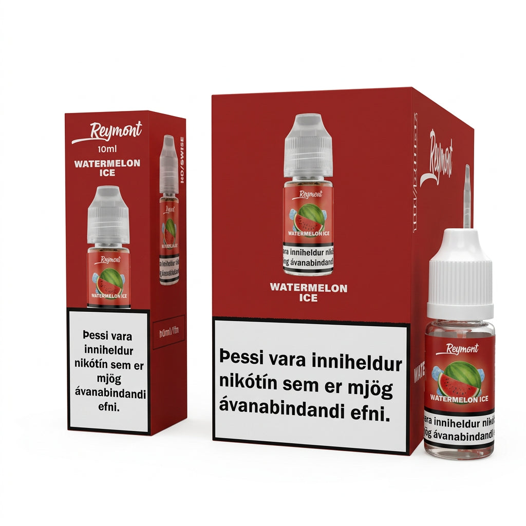 A red and white packaging box for a watermelon ice e-liquid by Regmont, featuring a graphic of the bottle and a prominent health warning label in Icelandic.