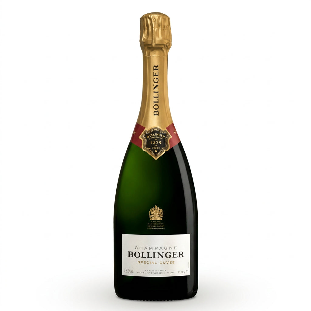 A bottle of Bollinger Champagne Special Cuvré on a plain white background. The dark green glass bottle features a gold foil capsule, a red and gold neck label, and a white label with the black Bollinger logo.