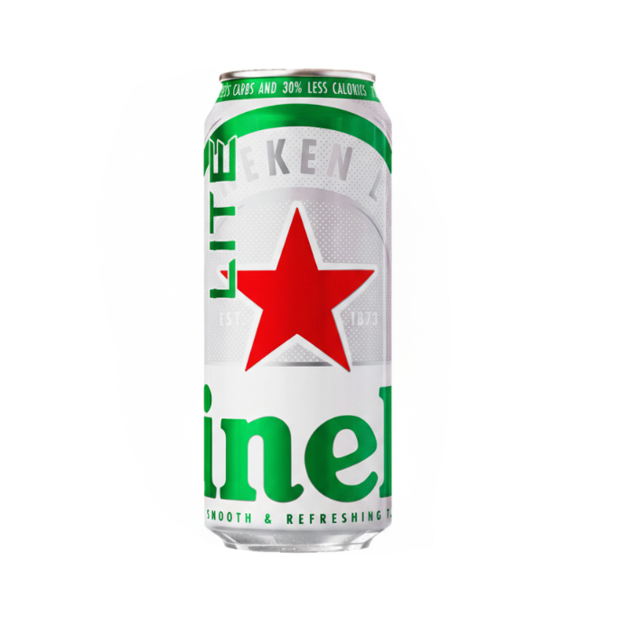 A single can of Heineken Light beer on a plain white background. The can is silver with green text and a large red star logo in the center.