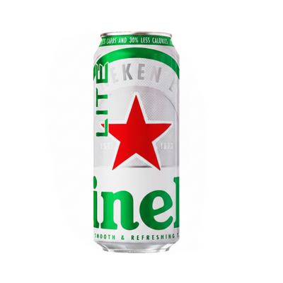 A single can of Heineken Light beer on a plain white background. The can is silver with green text and a large red star logo in the center.