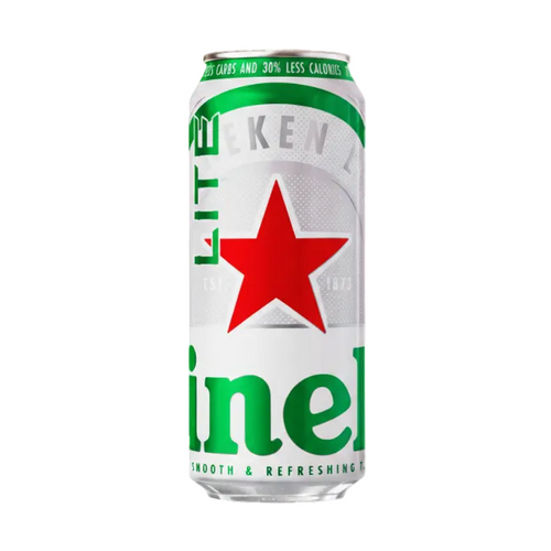 A single can of Heineken Light beer on a plain white background. The can is silver with green text and a large red star logo in the center.